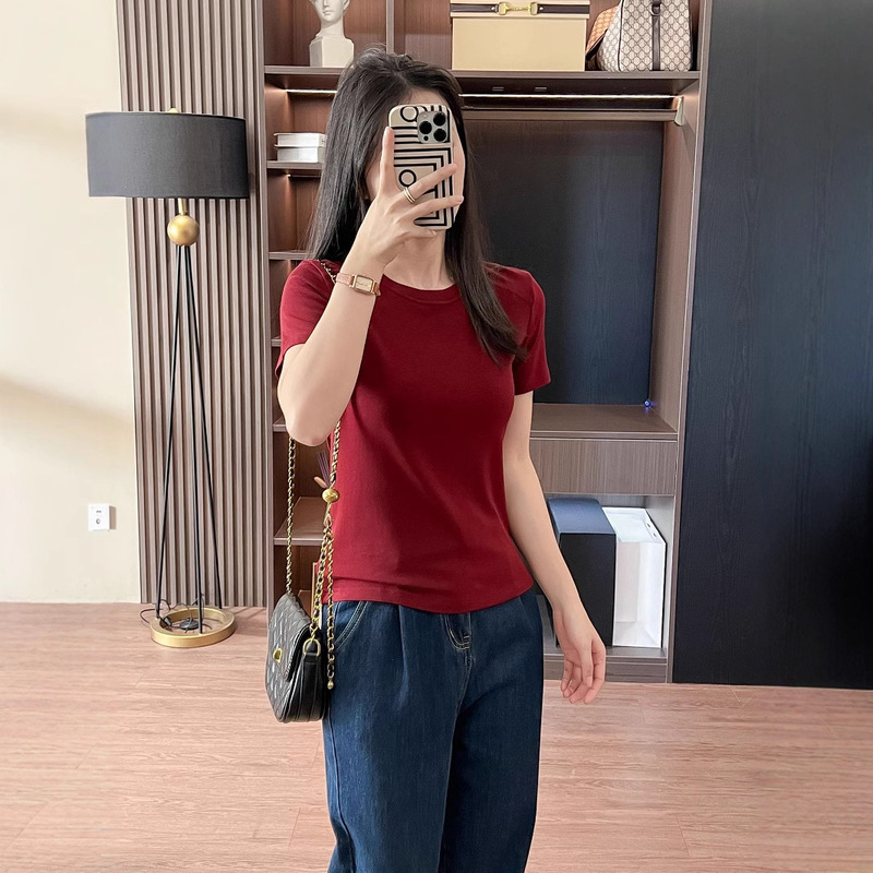 Power Factory Giant Slim Back Thin Slant Shoulder Round Neck Short Sleeve Women's Elastic Slim Tencel Acetate Wool T-Shirt Power Factory Giant Slim Back Thin Slant Shoulder Round Neck Short Sleeve Women's Elastic Slim Tencel Acetate Wool T-Shirt