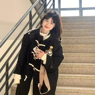 Long Black Corner Button Woolen Coat Women's Woolen Coat Autumn and Winter 2024 New Hepburn Style Korean Style Elegant
