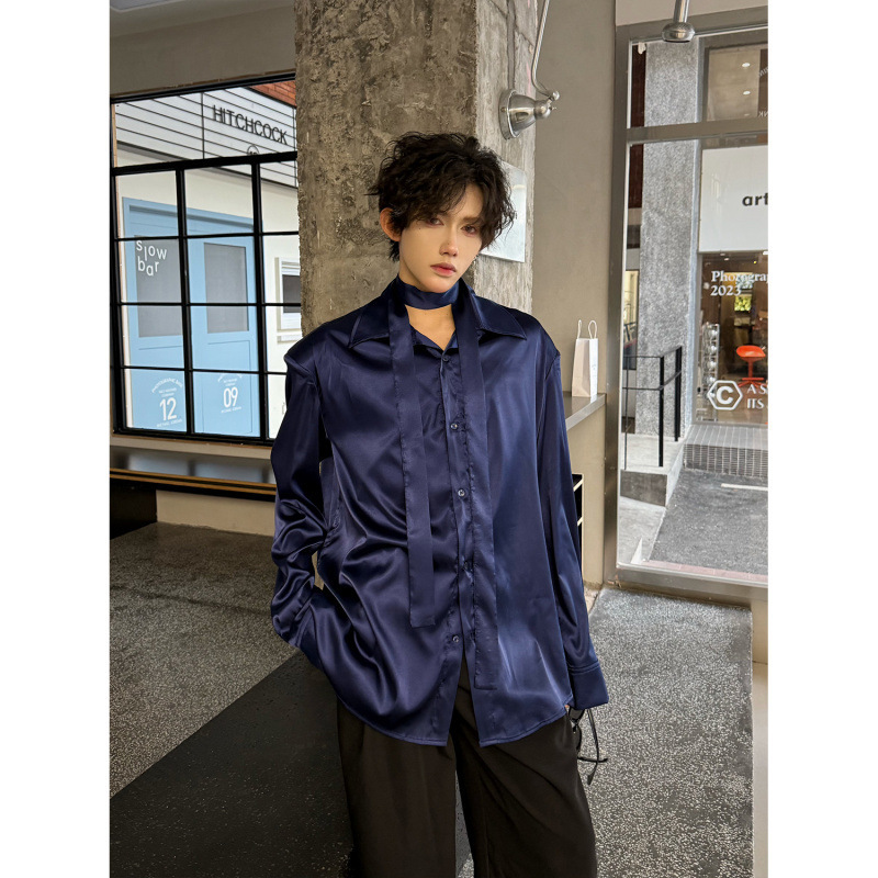 Solid Color Satin Shirt, Ascetic New Chinese Style Men's Ribbon Long-Sleeved Shirt, High-End Draped Shoulder Pads, Inner Top