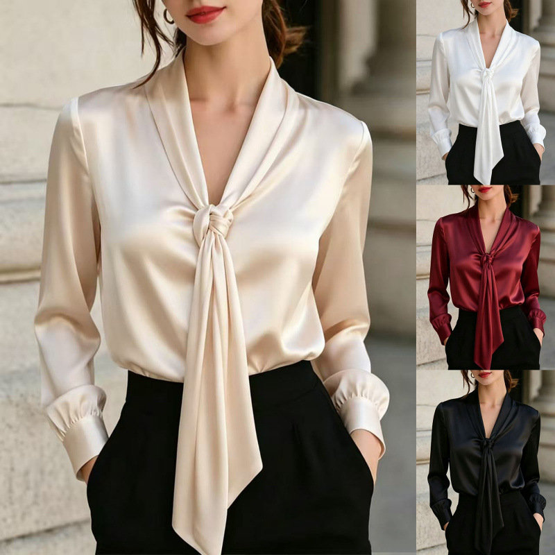 New Autumn Arrivals for Petite Women: Aliexpress European and American Style Women's Satin Long-Sleeve Tie-Neck Slim-Fit Shirt Top New Autumn Arrivals for Petite Women: Aliexpress European and American Style Women's Satin Long-Sleeve Tie-Neck Slim-Fit Shirt Top