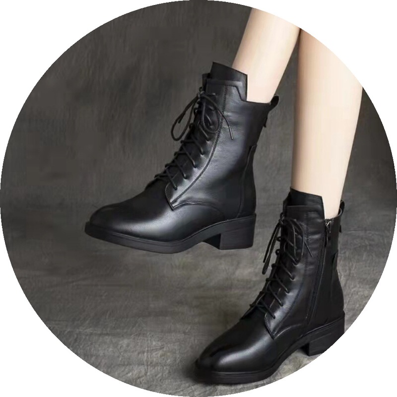Real Video Soft Leather Martin Boots Women's Short Boots Women's Shoes Low Heel Mid Boots Women's Single Boots fleece-lined Cotton Boots Women's Boots