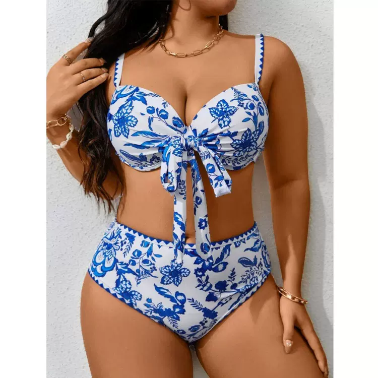 欧美泳衣大码比基尼碎花泳衣女外贸比基尼复古印花分体泳衣女