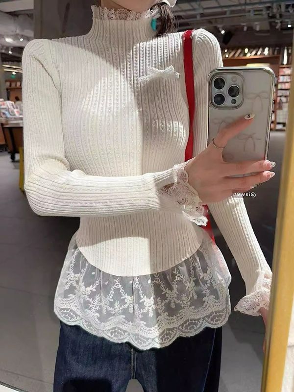上衣设计感小众女装蕾丝花边长袖套头T恤秋季小众别致内搭打底衫|undefined