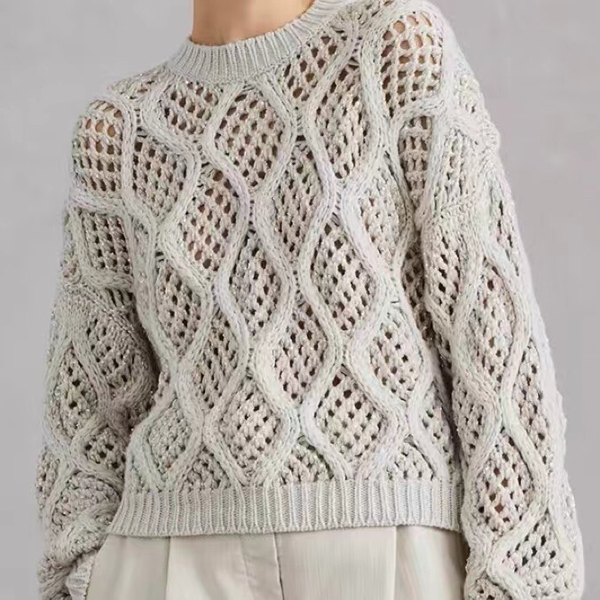 B*C 2025 Autumn/Winter New Sequin Mesh Long Sleeve Knitted Sweater for Women, Fashionable Simple Handmade Textured Pullover Top