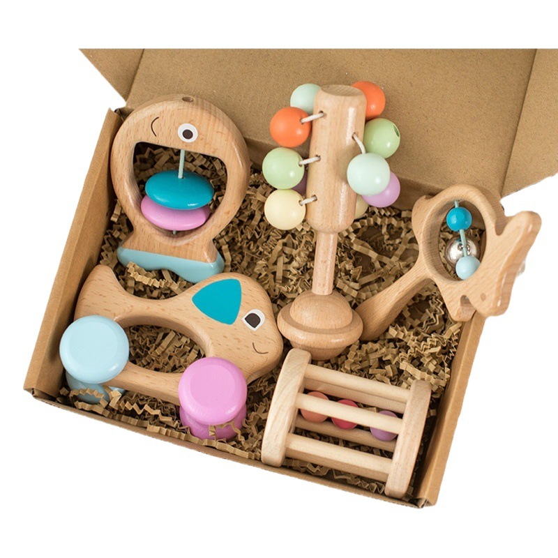 Bebé de madera colorido sonajero cinco piezas traje niños cama campana música educación temprana calmante instrumento musical Juguetes