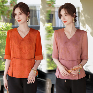 Mother's Summer New Fashion Guofeng T-Shirt Middle-aged and Elderly Mother's Chinese-style Age-reducing Thin Top Shirt