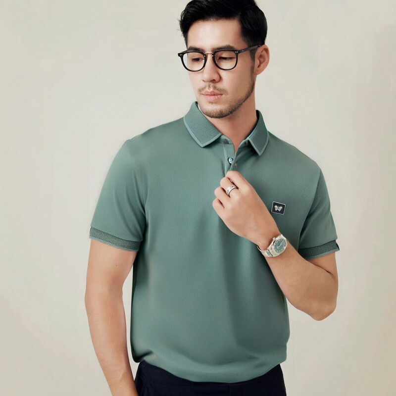 Summer High-End Knitted Business Casual T-Shirt Men's Lapel Polo Shirt Pea Green Fashionable Versatile Short-Sleeved Top Summer High-End Knitted Business Casual T-Shirt Men's Lapel Polo Shirt Pea Green Fashionable Versatile Short-Sleeved Top