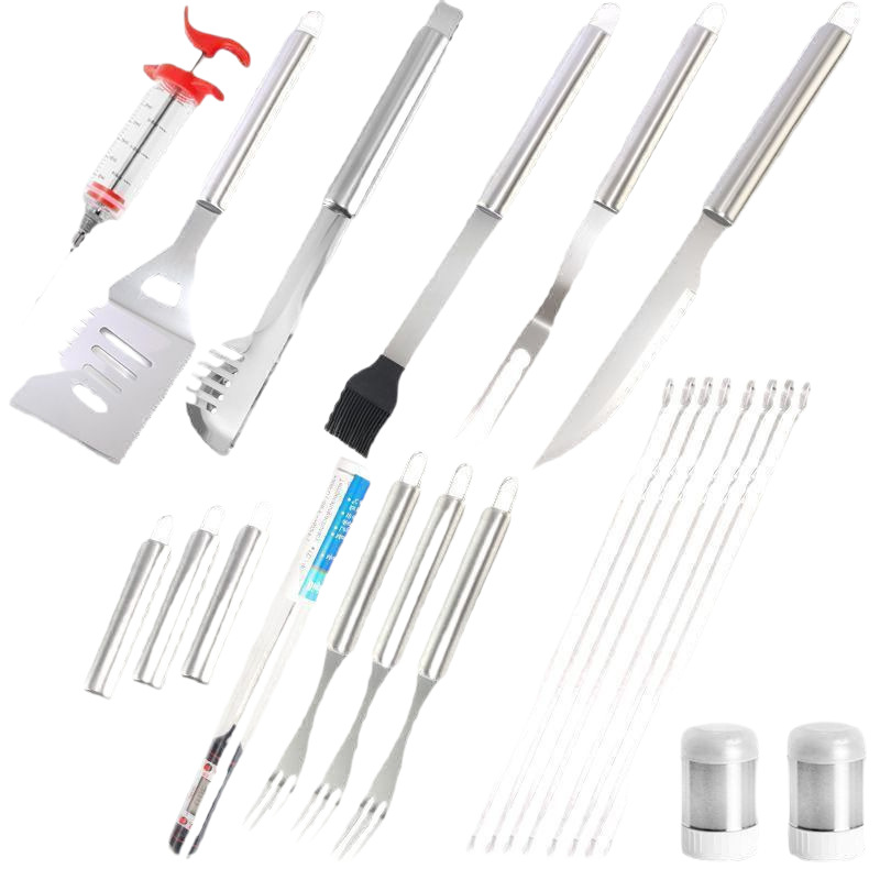 Amazon venta caliente de acero inoxidable herramientas de barbacoa al aire libre bolsa de tela BBQ grill horquilla de horquilla caja de aluminio conjunto de combinación