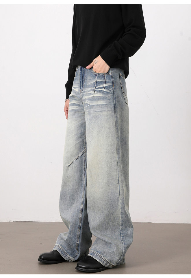 Quần jeans nam dáng rộng ống đứng phong cách high street, lưng vừa, dài ống, dễ phối đồ — Xanh nhạt chi tiết 9