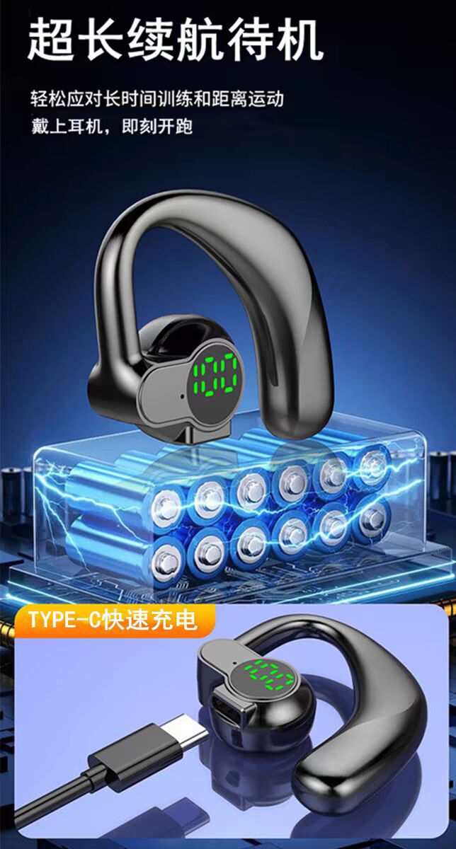Bluetooth Headset Can Be Worn on the Left and Right, Non-In-Ear, Wireless, Ear-Mounted, Single-Ear, Sports, Driving, Calling, Noise Reduction, Long Battery Life
