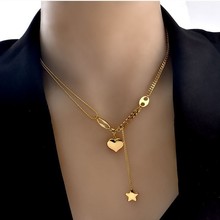 日韩嘻哈立体桃心钛钢项链五角星流苏T恤链冷淡风毛衣链AB链条女