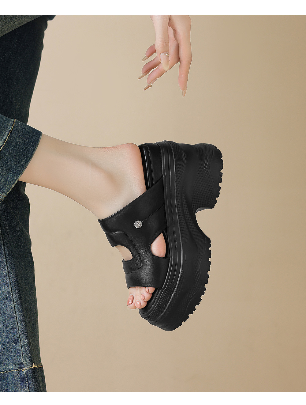 Dép sandal cao gót nữ hở mũi quai ngang da thật đế dày — Màu đen, Màu trắng chi tiết 12