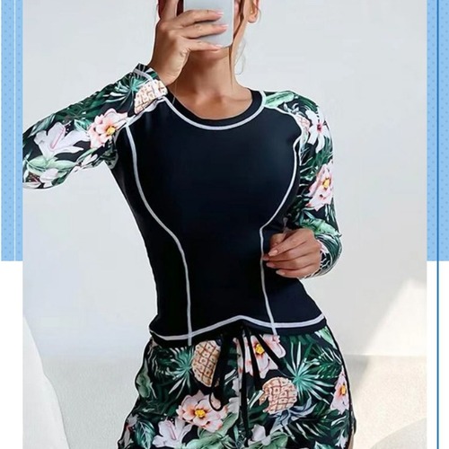 Euro-American diving and surfing suit, long-sleeved, fashionable, sun-protective, printed, split women's swimsuit