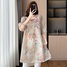 麻棉印花绣花时尚宽松显瘦大码女装五分袖连衣裙子夏季新款阔太太