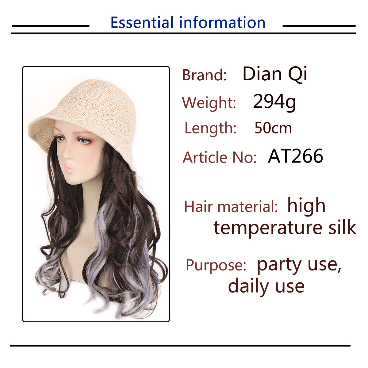 Perruque Cheveux longs bouclés Perruque chapeau de pêcheur Mèches cheveux haute température 50cm couvre la ligne des cheveux_voghion.com