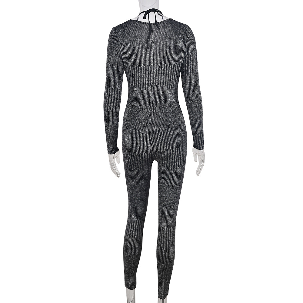 Autumn Winter Chest Wrapped Two Piece Set Lace up Cutout Nylon Long Sleeve Jumpsuit High Elastic Women Clothing