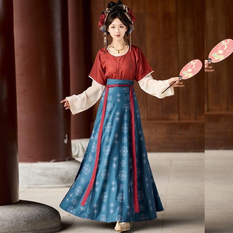 瑶圃宴新款原创唐制汉服印花坦领唐褙子春夏圆领衫齐腰破裙日常款