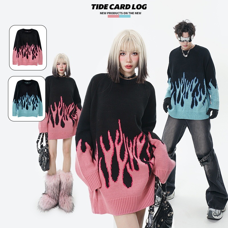 TIDE CARD LOG | Flame jacquard Hong Kong style fashion brand retro loose lazy style couple round neck sweater
