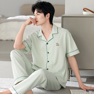 Pure Cotton Pajamas Men's Summer Thin Short-sleeved Cardigan Trousers Solid Color Loose Casual Outwear Pure Cotton Home Clothes suit