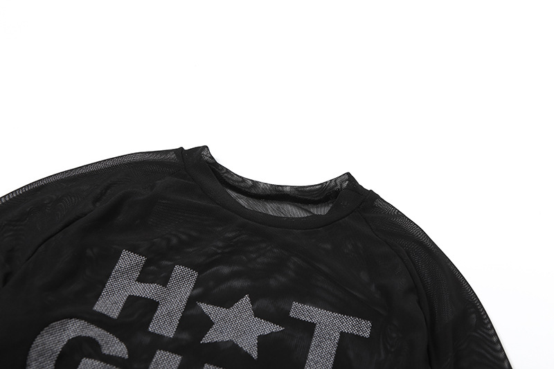 Spring Women Clothing Sexy Sexy round Neck Printed Mesh See through Slim Fit Cropped T shirt