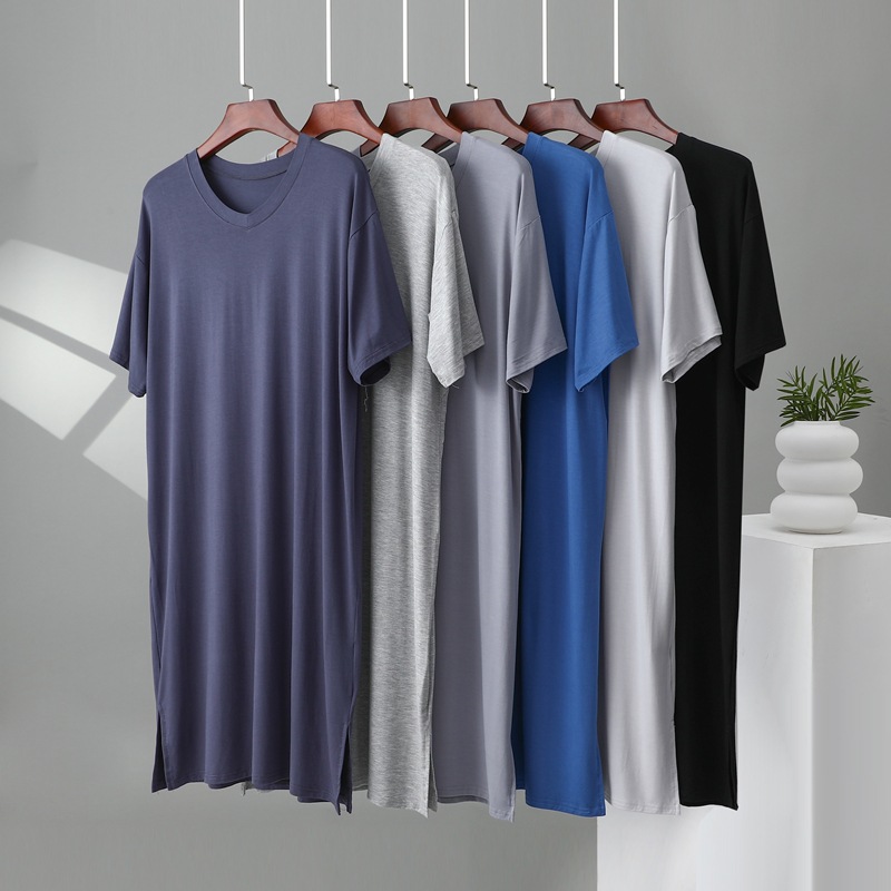 Modal Cotton Nightgown Men's Summer New Large Size Loose V Neck Pure Color Home Wear Thin Nightgown That Can Be Worn Outside