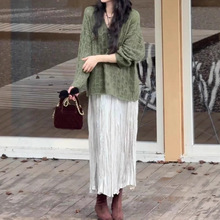 森系绿色镂空针织开衫女2025新款早秋金丝鱼尾压褶松紧半身裙女装