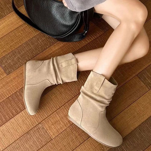 Women's Round Head Flat Short Boots Autumn/Winter Fleece Thick Short Boots Pile Boots Wasteland Wind Short Boots for Women