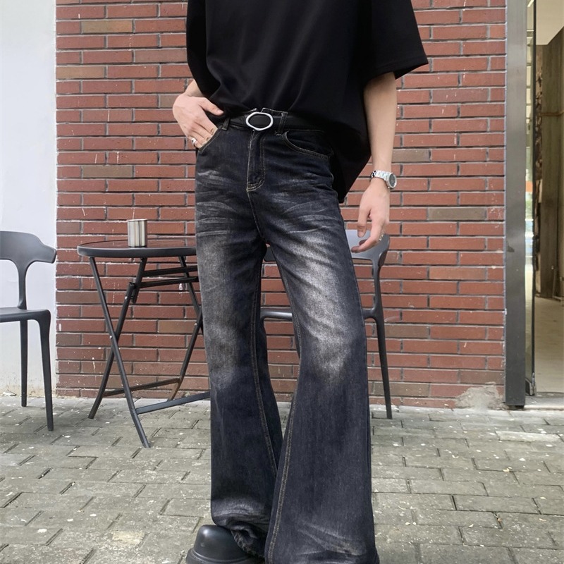 American retro gradiente lavado skinny jeans moda de los hombres de moda tie-teñido cintura alta suelta pierna ancha pantalones largos de moda