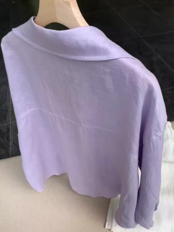 CHAO级推荐！浅紫色V领亚麻衬衫女夏季新款polo领宽松防晒衫上衣|undefined