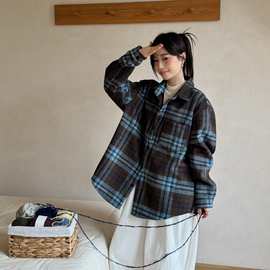 加绒加厚衬衫 冬季新款 英伦格子上衣女保暖宽松衬衣外套