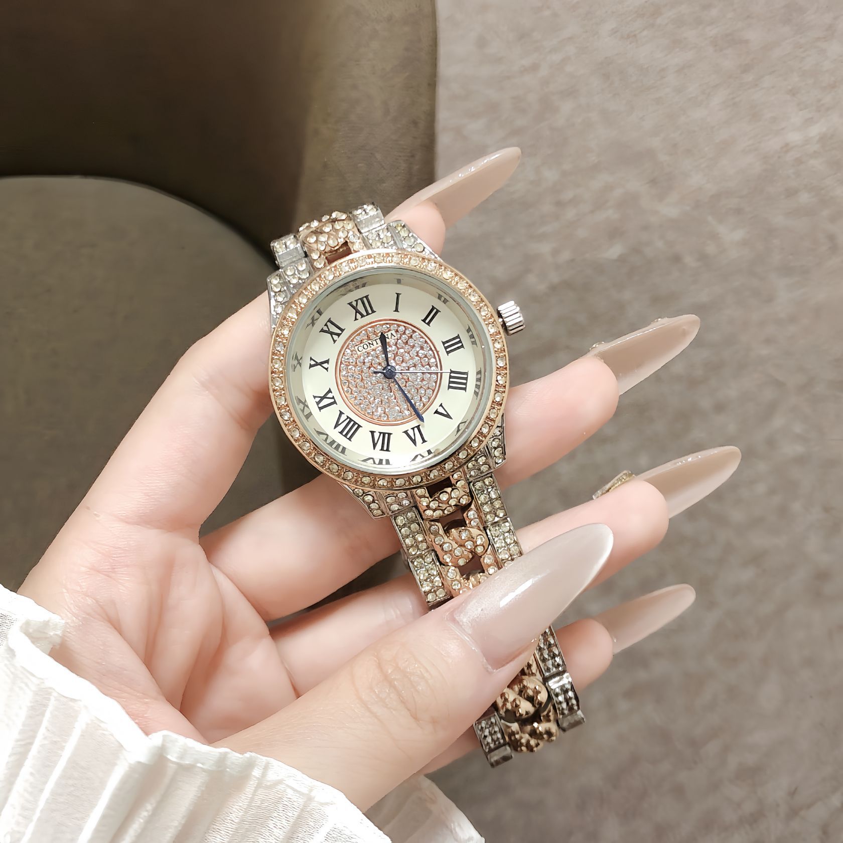 轻奢风拼色钢带满钻表罗马刻度复古石英表日常通勤宴会奢华配饰表