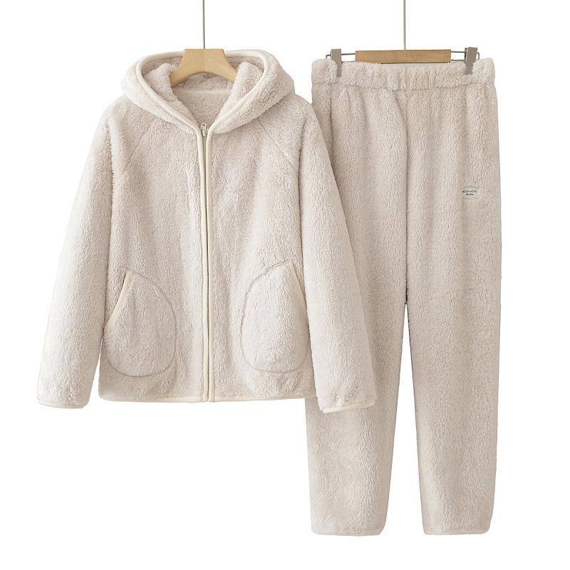 Thickened hooded arctic fleece pajama set, winter warm fleece loungewear with pockets and zipper, can be worn outside Thickened hooded arctic fleece pajama set, winter warm fleece loungewear with pockets and zipper, can be worn outside
