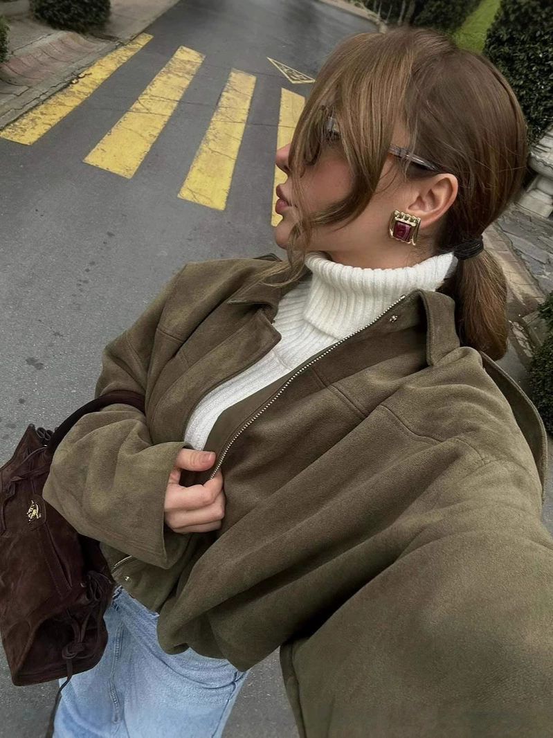 Bomber Jacket (ZA) Suede-Effect, Women's Spring Outerwear, Army Green, Oversized Fit