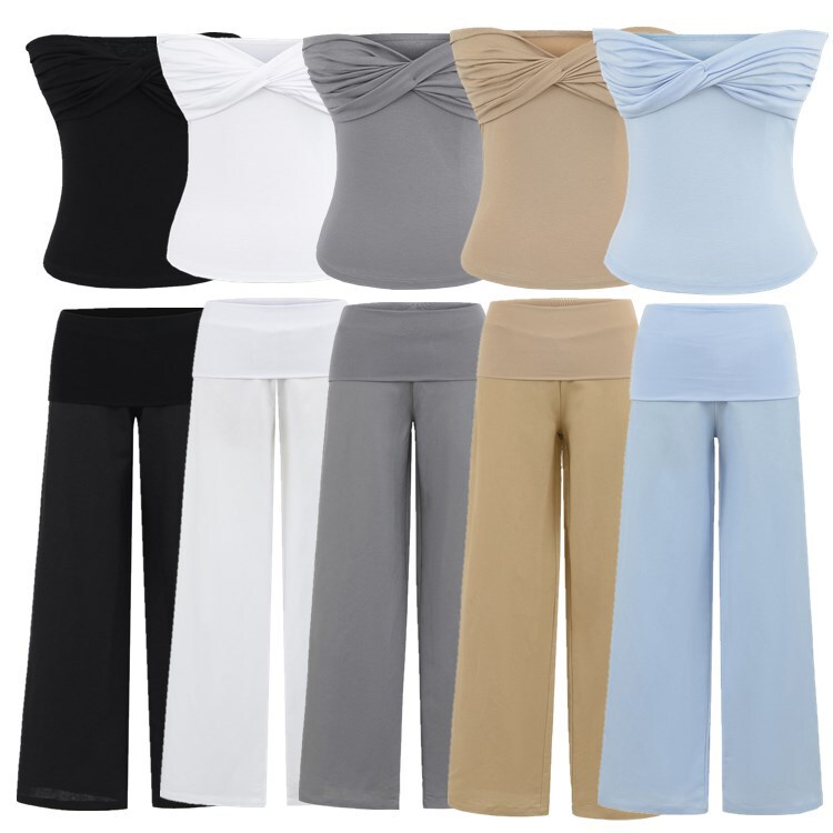 Tube Top Pants Suit for Women Summer Slim Twist Vest One Shoulder Top Knitted Cuffed Linen Casual Pants