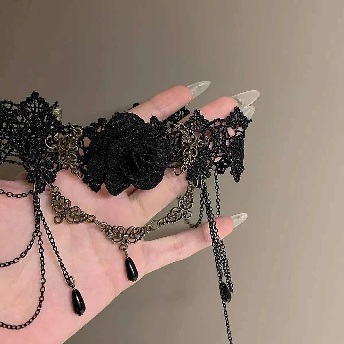 Black accessory, necklace with tassels, pendant, choker, floral print