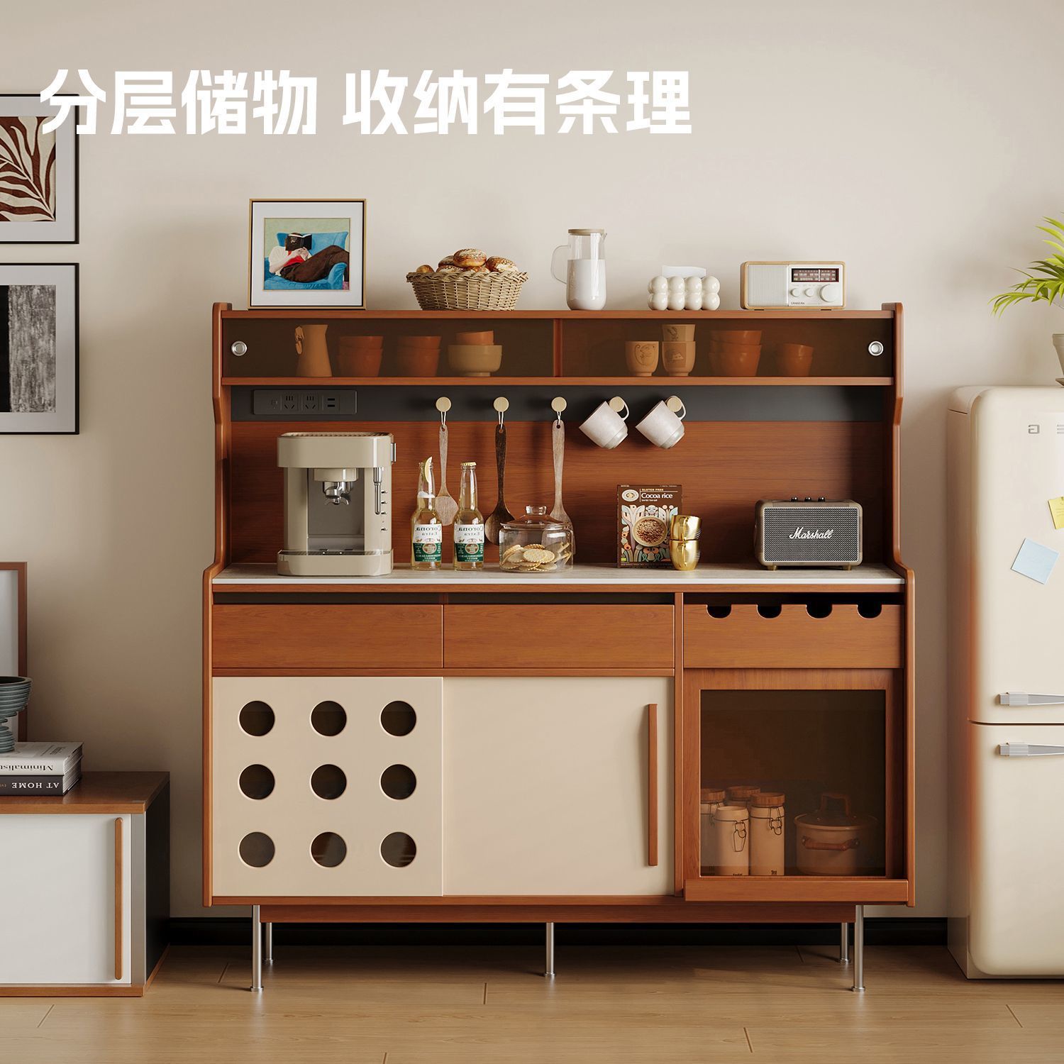 Medieval Style Solid Wood Sideboard Modern Polka Dot Element Wall-Mounted Integrated Entrance Cabinet Guest Restaurant Storage Cabinet Travertine Style