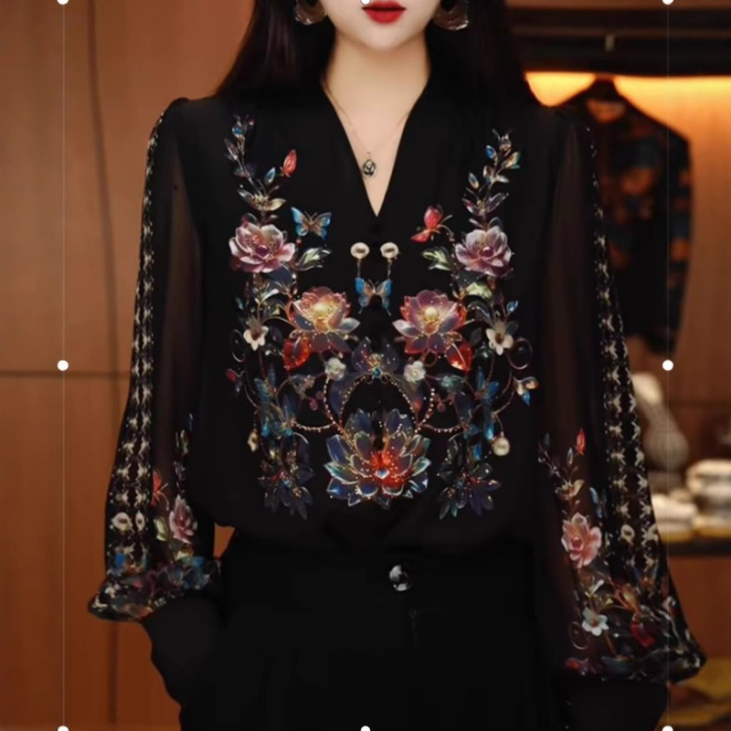 Fashionable Mom-Style Stand Collar Printed Autumn and Winter Loose Elegant Long-Sleeve Slimming Stylish Base Shirt Top Blouse