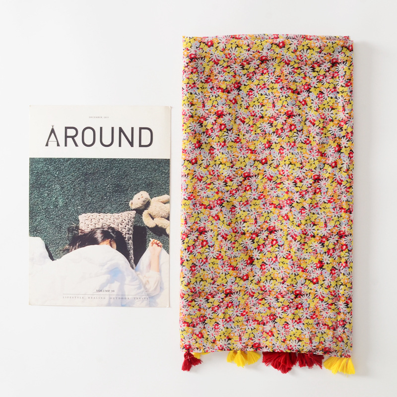 Japonés y coreano nuevo colorido floral decorativo Toalla de playa protección solar chal exterior primavera y verano fino algodón y lino sensación bufanda