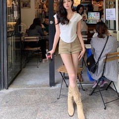 内增高堆堆长筒骑士靴子女2025新款春秋法式绒面女款西部牛仔长靴