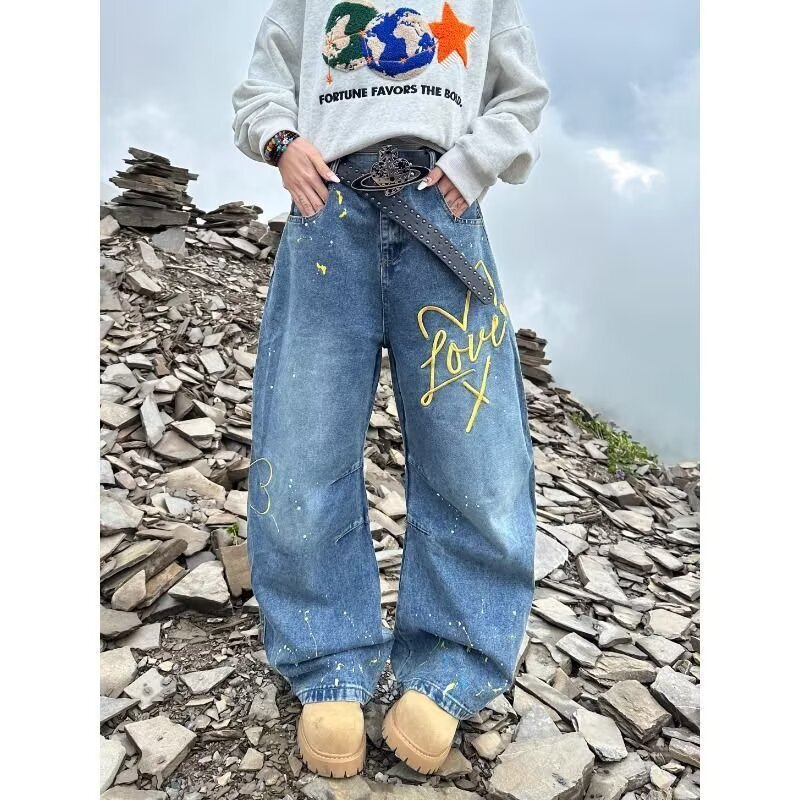 Nautical Graffiti Wide-Leg Jeans for Women Spring 2026 New High-Waist Draped High-Street Trendy Brand Printed Loose Casual Pants