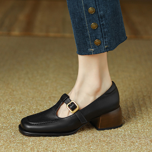 English-style small leather shoes for women, with a sense of design, niche medium-high wedge heels for women, 2024 autumn French retro brown open-toe single shoes