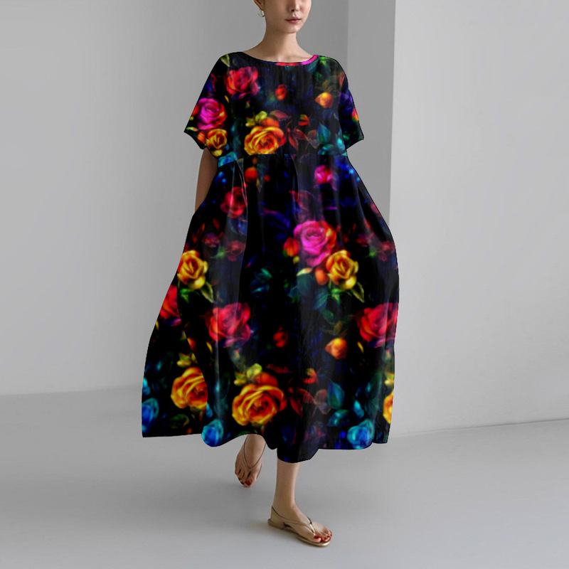 2025 Cross-Border Temu Independent Station Plant Flower Hawaiian 3D Personalized Short-Sleeved Long Dress