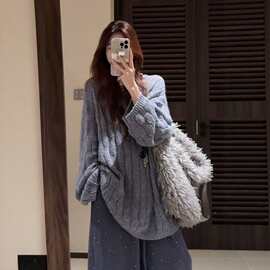 慵懒风韩系气质优雅时尚圆领麻花针织衫宽松显瘦百搭休闲毛衣上衣