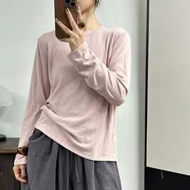 通勤百搭圆领针织衫女2026秋款薄外搭轻薄软糯纯色圆领套头毛衣