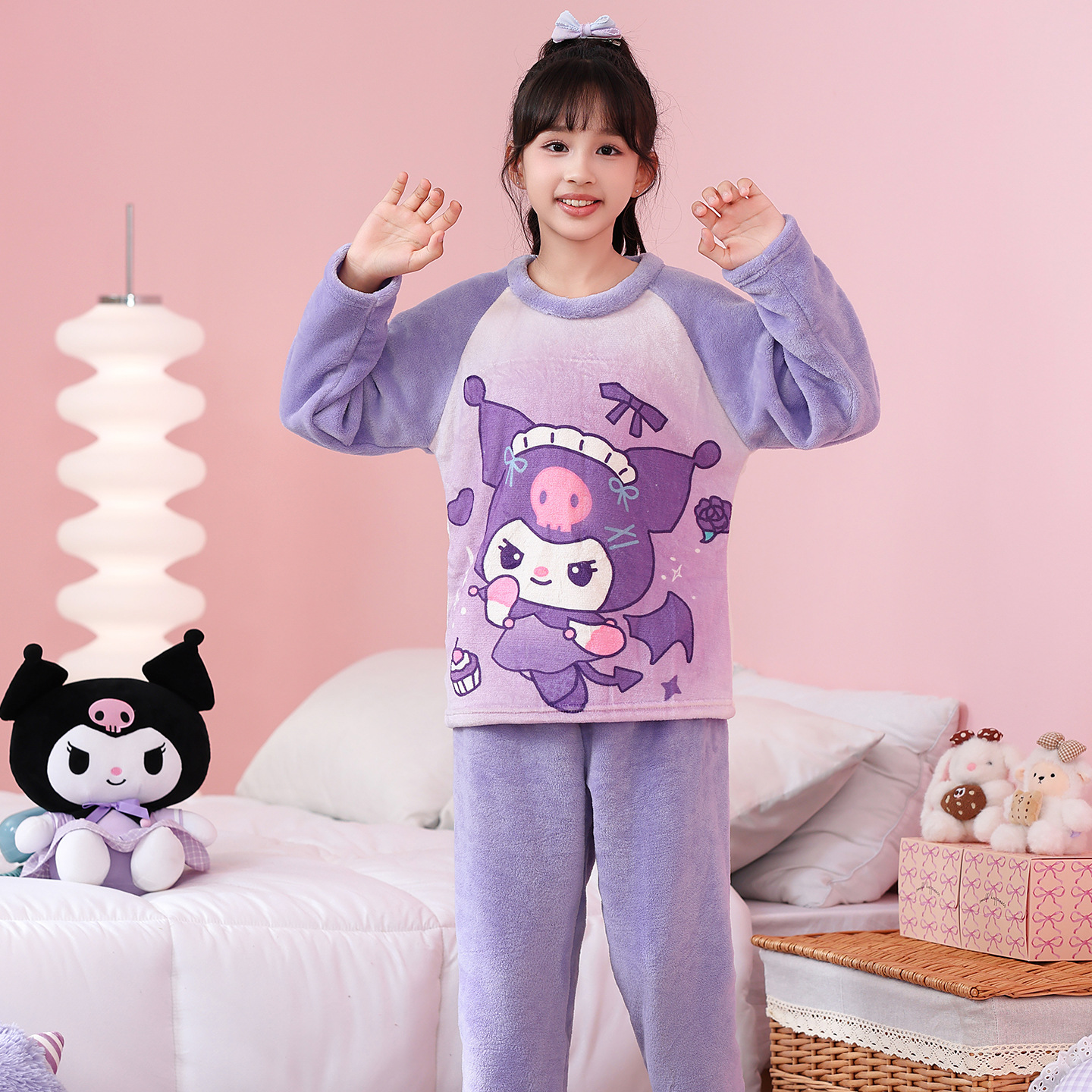 秋冬季新款法兰绒儿童睡衣女童中大童宝宝保暖珊瑚绒甜美家居服套
