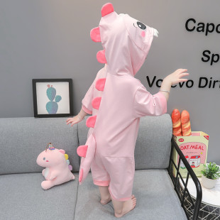 Children's One-Piece Pajamas Summer Thin Pure Cotton Short-Sleeved Cartoon Dinosaur Crawling Clothes for Boys and Girls Baby Hooded Home Clothes