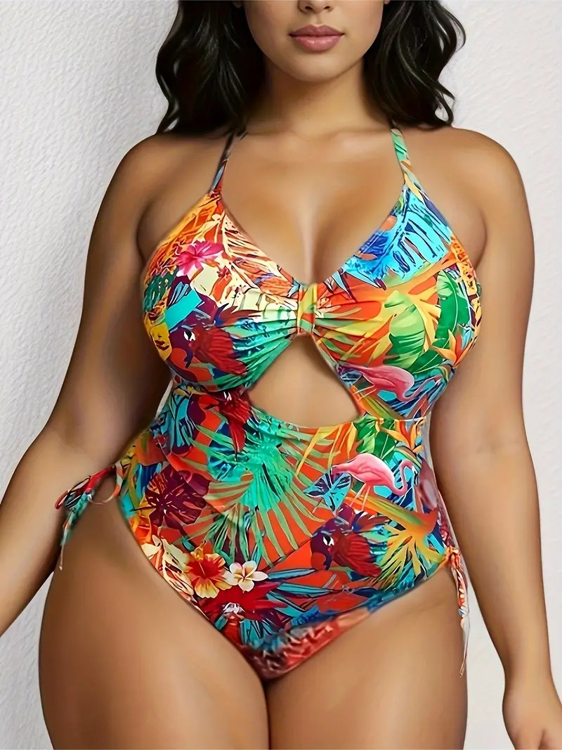 Tropical Pattern Hollowed-out Cross-back Strap Multi-color Printed Sexy Plus-size Swimsuit TK014_voghion.com