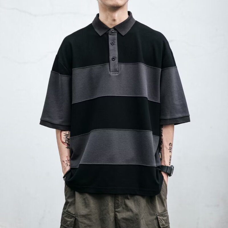 Japanese retro fashion brand striped polo shirt men's short sleeve summer loose couple lapel half sleeve cotton polo shirt fashion Japanese retro fashion brand striped polo shirt men's short sleeve summer loose couple lapel half sleeve cotton polo shirt fashion