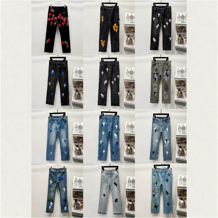 Authentic Ch Chrome Hearts Cross Patch Embroidery Washed Denim Jeans Unisex Couple's Jeans in Stock