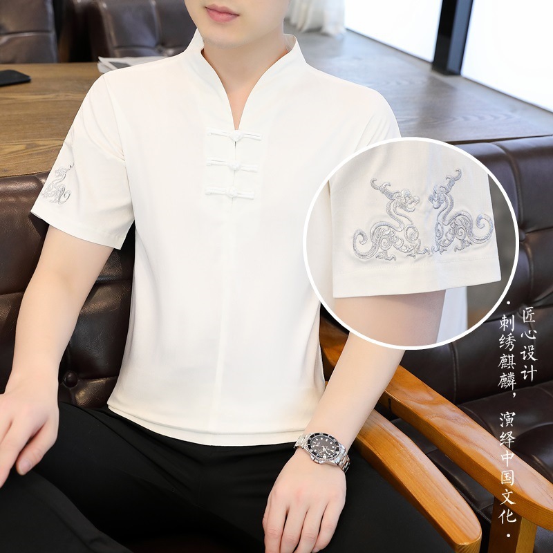 Comercio exterior al por mayor verano nuevo estilo hombre de moda bordado con hebilla de disco estilo chino camiseta de manga corta para hombre nuevo estilo chino generación transfronteriza